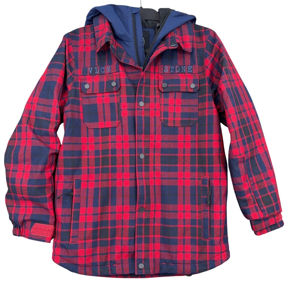 Volcom Plaid Snowboard Jacket Kids Size L 12Y Polyester Red Navy